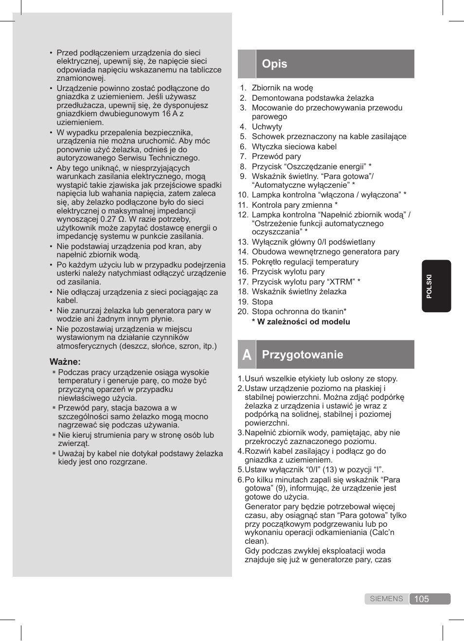 Opis, Przygotowanie | Siemens TS20XTRM2 User Manual | Page 105 / 152