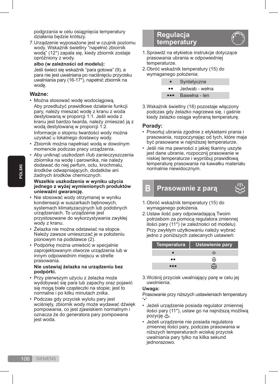 Regulacja temperatury, Prasowanie z parą | Siemens TS20XTRM2 User Manual | Page 106 / 152