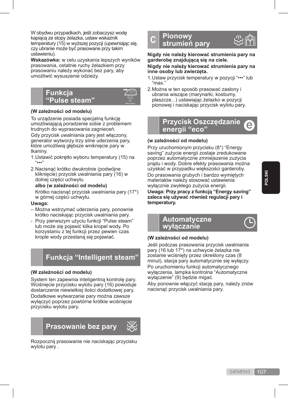 Funkcja “pulse steam, Funkcja “intelligent steam, Prasowanie bez pary | Pionowy strumień pary, Przycisk oszczędzanie energii “eco, Automatyczne wyłączanie | Siemens TS20XTRM2 User Manual | Page 107 / 152