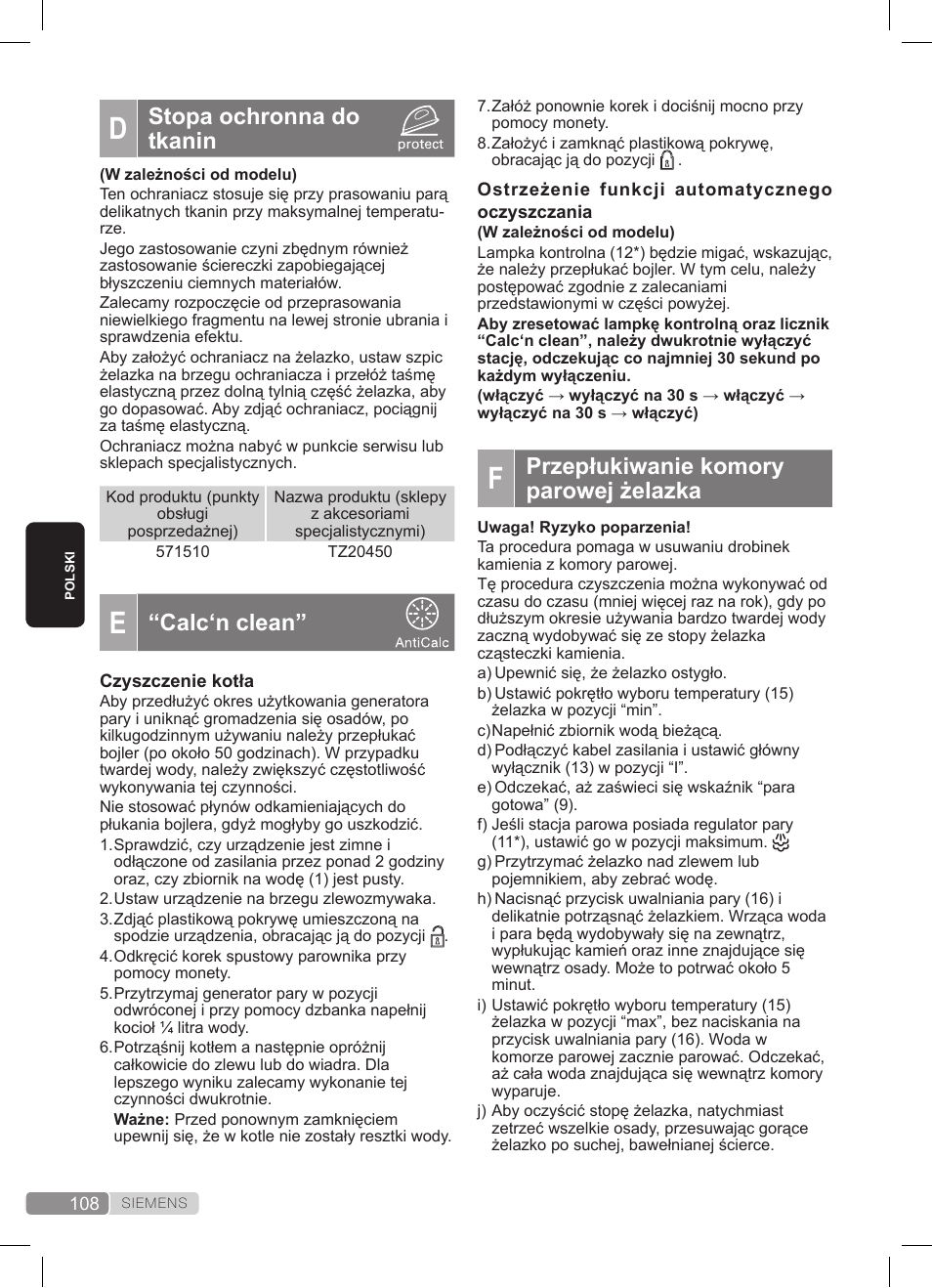 Stopa ochronna do tkanin, Calc‘n clean, Przepłukiwanie komory parowej żelazka | Siemens TS20XTRM2 User Manual | Page 108 / 152