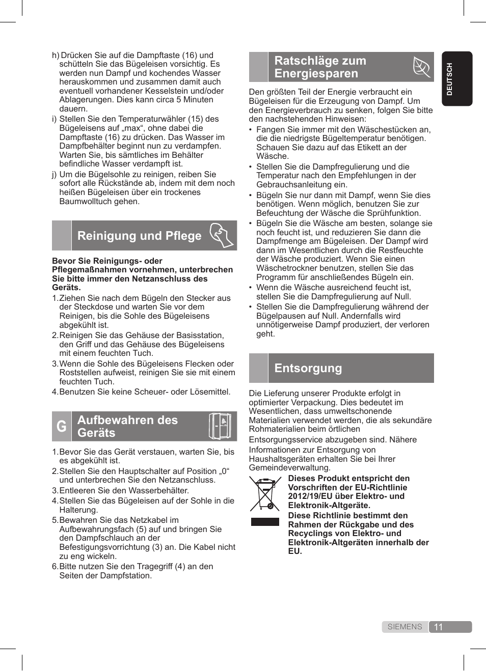 Ratschläge zum energiesparen, Entsorgung, Reinigung und pflege | Aufbewahren des geräts | Siemens TS20XTRM2 User Manual | Page 11 / 152