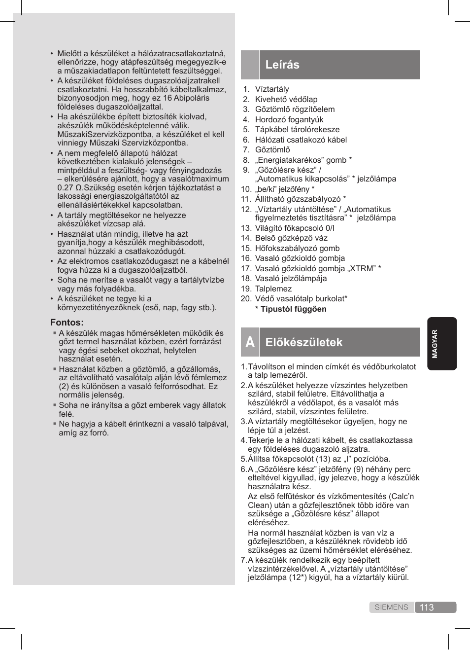 Leírás, Előkészületek | Siemens TS20XTRM2 User Manual | Page 113 / 152