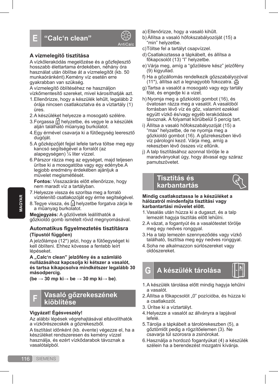 Calc‘n clean, Vasaló gőzrekeszének kiöblítése, Tisztítás és karbantartás | A készülék tárolása | Siemens TS20XTRM2 User Manual | Page 116 / 152