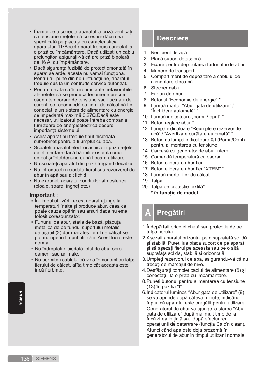 Descriere, Pregătiri | Siemens TS20XTRM2 User Manual | Page 136 / 152