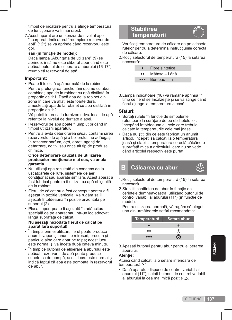 Stabilirea temperaturii, Călcarea cu abur | Siemens TS20XTRM2 User Manual | Page 137 / 152