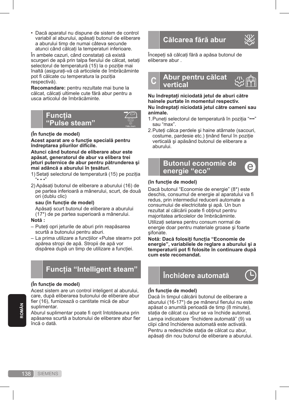 Călcarea fără abur, Abur pentru călcat vertical, Butonul economie de energie “eco | Închidere automată, Funcţia “pulse steam, Funcţia “intelligent steam | Siemens TS20XTRM2 User Manual | Page 138 / 152