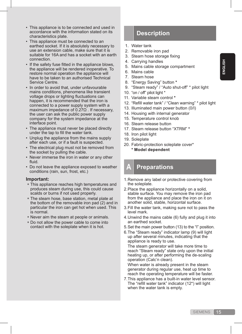 Description, Preparations | Siemens TS20XTRM2 User Manual | Page 15 / 152