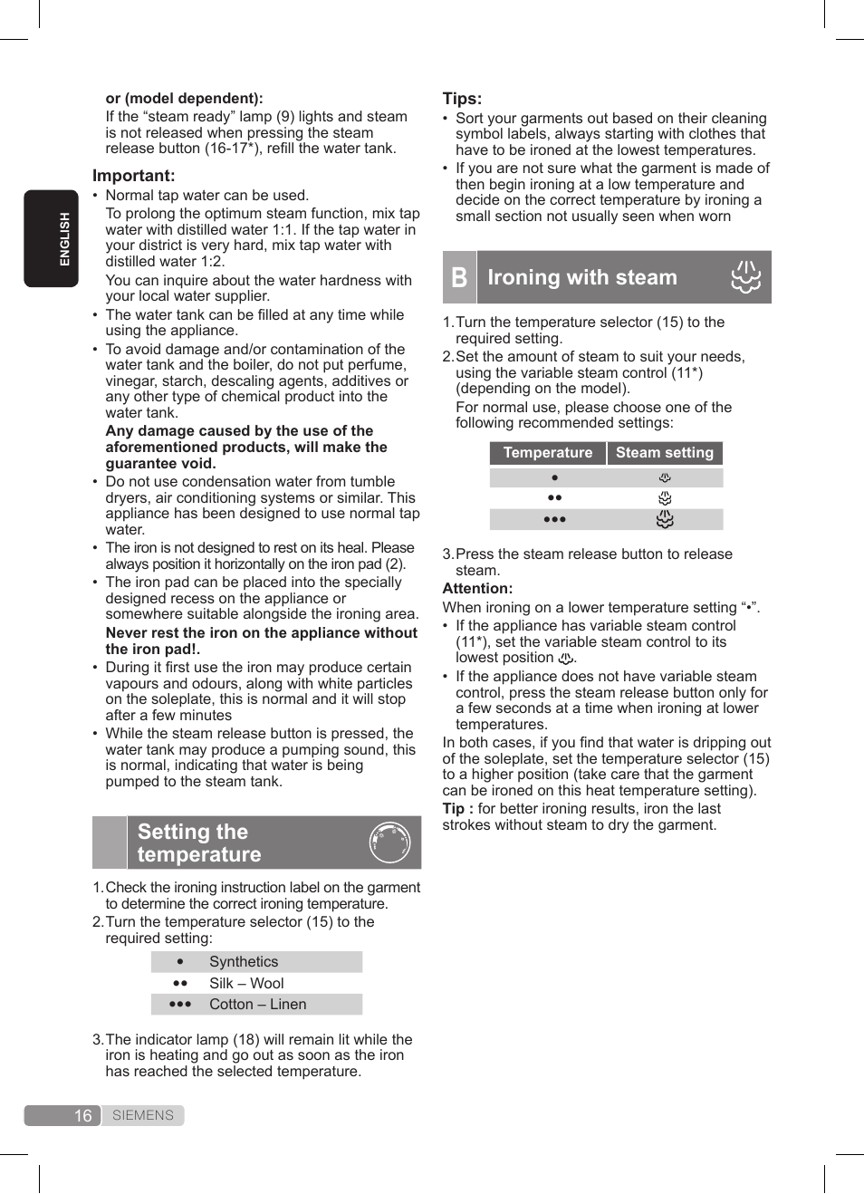 Setting the temperature, Ironing with steam | Siemens TS20XTRM2 User Manual | Page 16 / 152