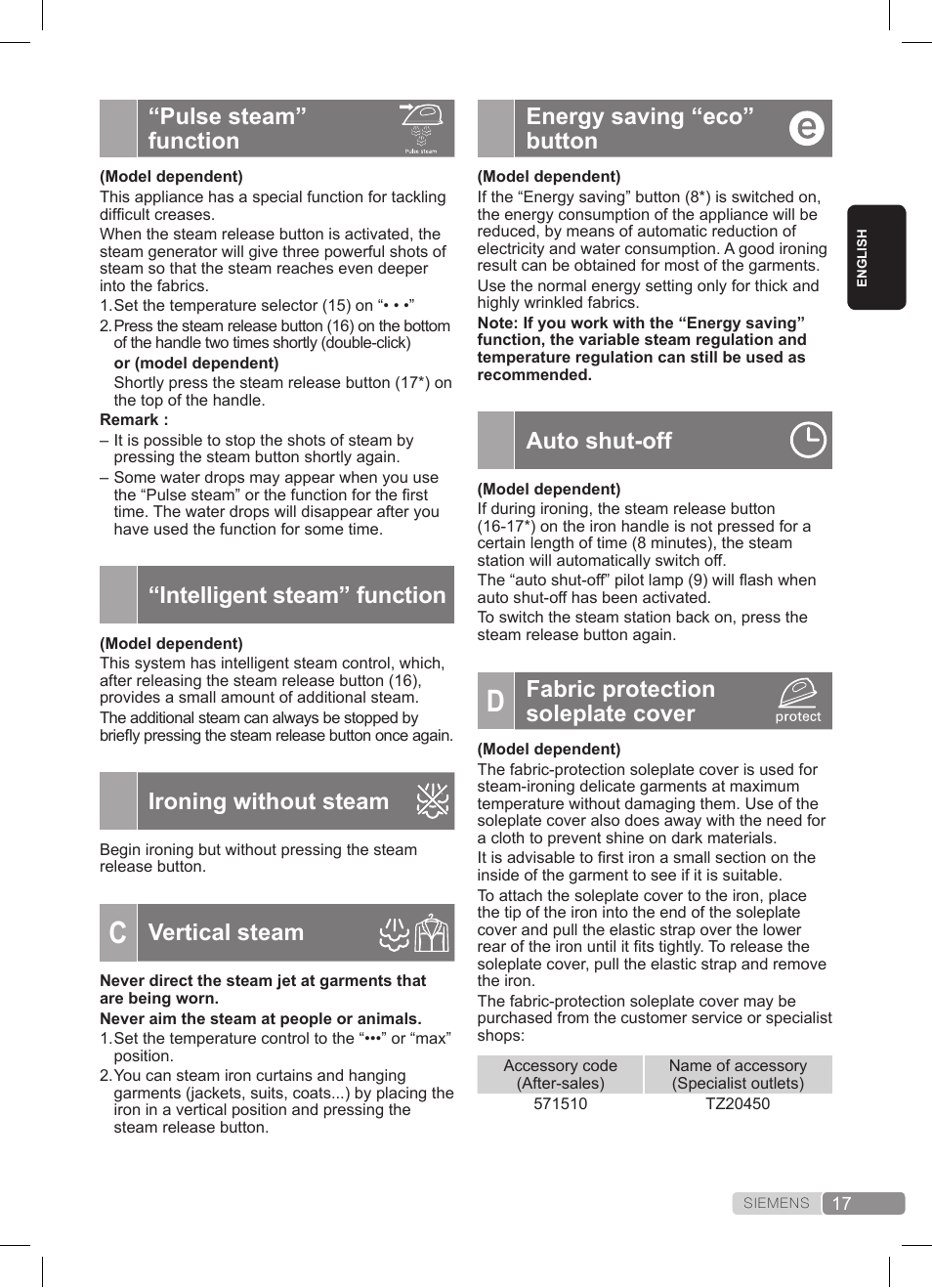 Pulse steam” function, Intelligent steam” function, Ironing without steam | Vertical steam, Energy saving “eco” button, Auto shut-off, Fabric protection soleplate cover | Siemens TS20XTRM2 User Manual | Page 17 / 152