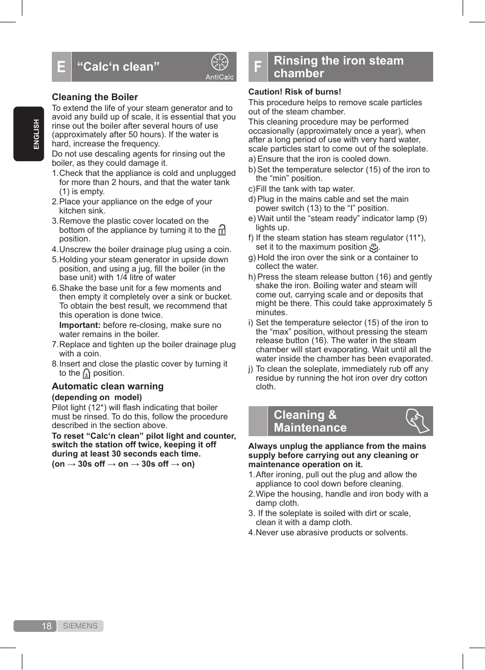 Rinsing the iron steam chamber, Cleaning & maintenance, Calc‘n clean | Siemens TS20XTRM2 User Manual | Page 18 / 152