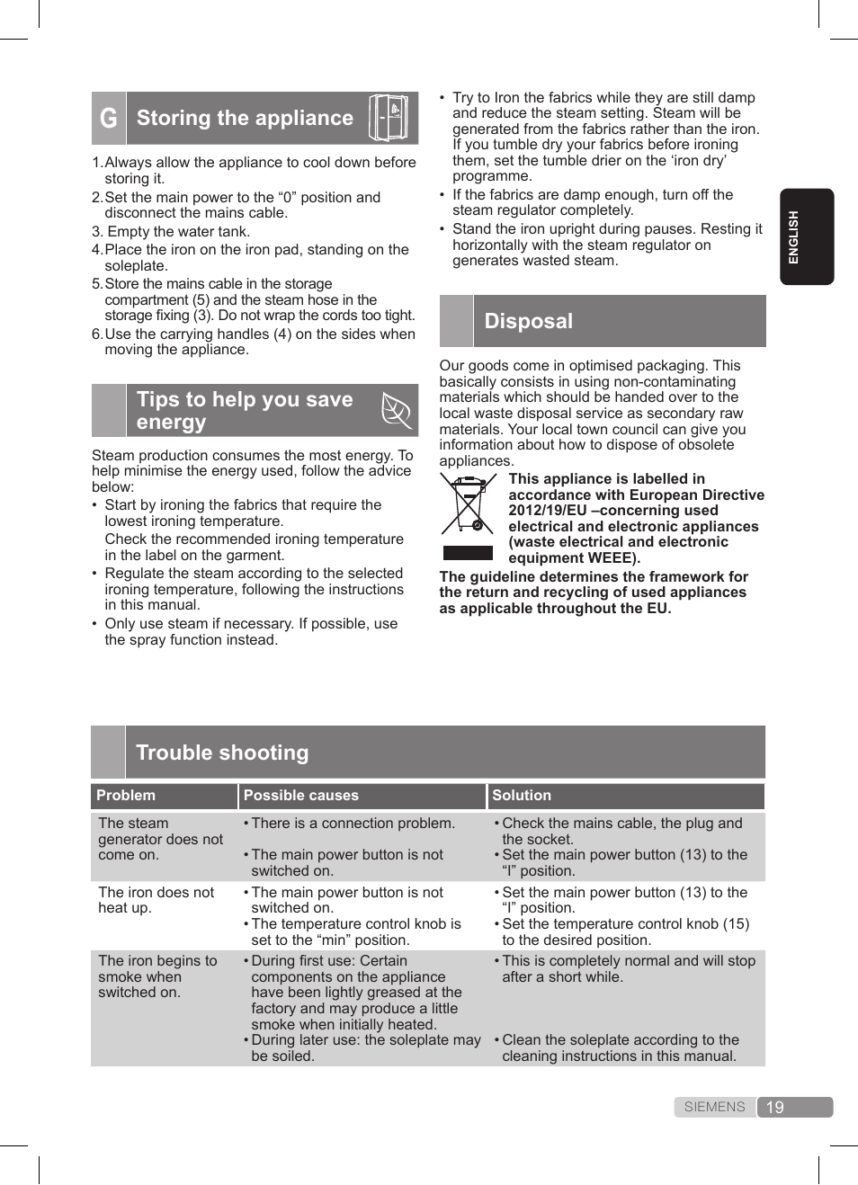 Disposal, Storing the appliance, Tips to help you save energy | Trouble shooting | Siemens TS20XTRM2 User Manual | Page 19 / 152