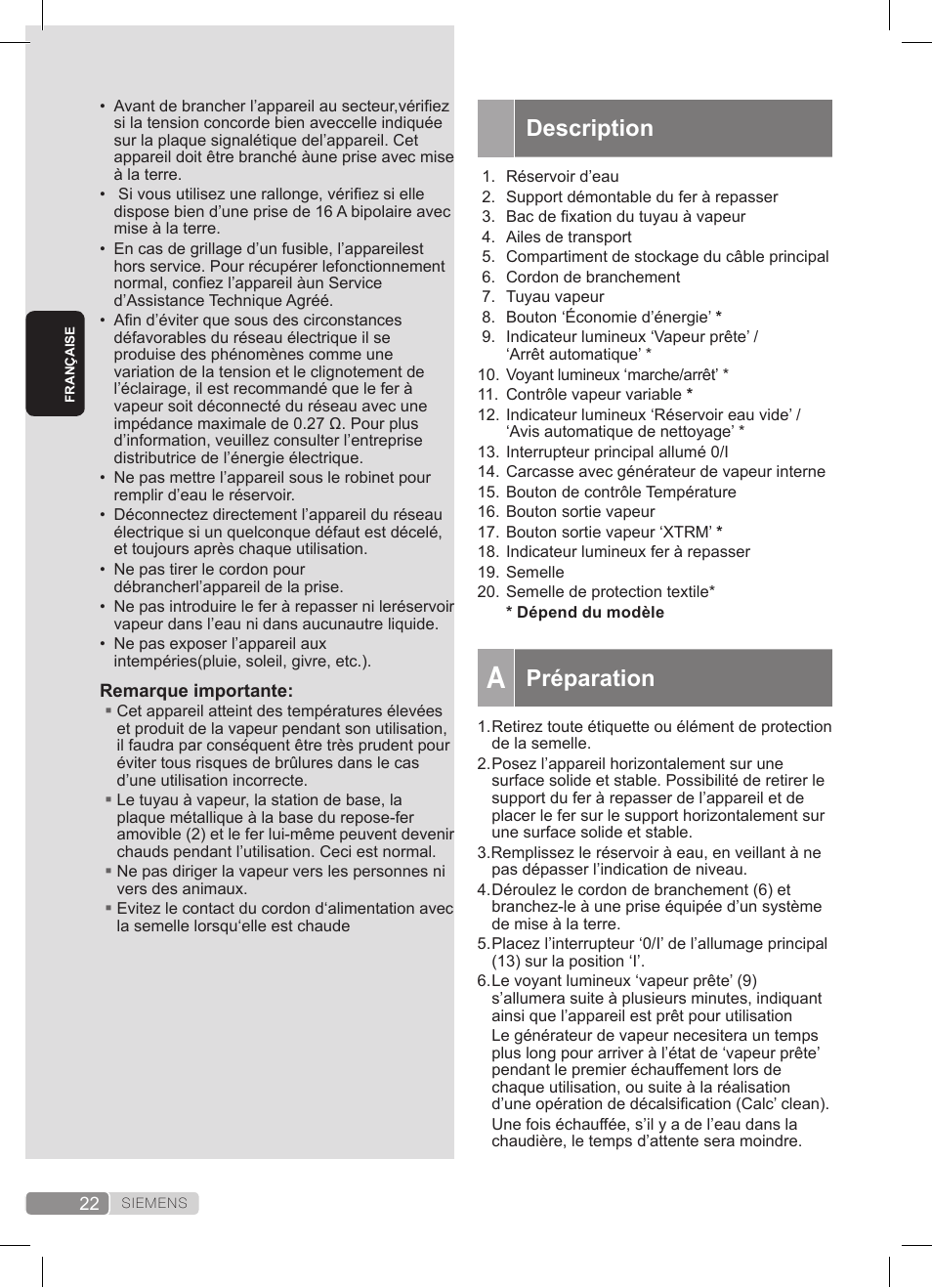 Description, Préparation | Siemens TS20XTRM2 User Manual | Page 22 / 152