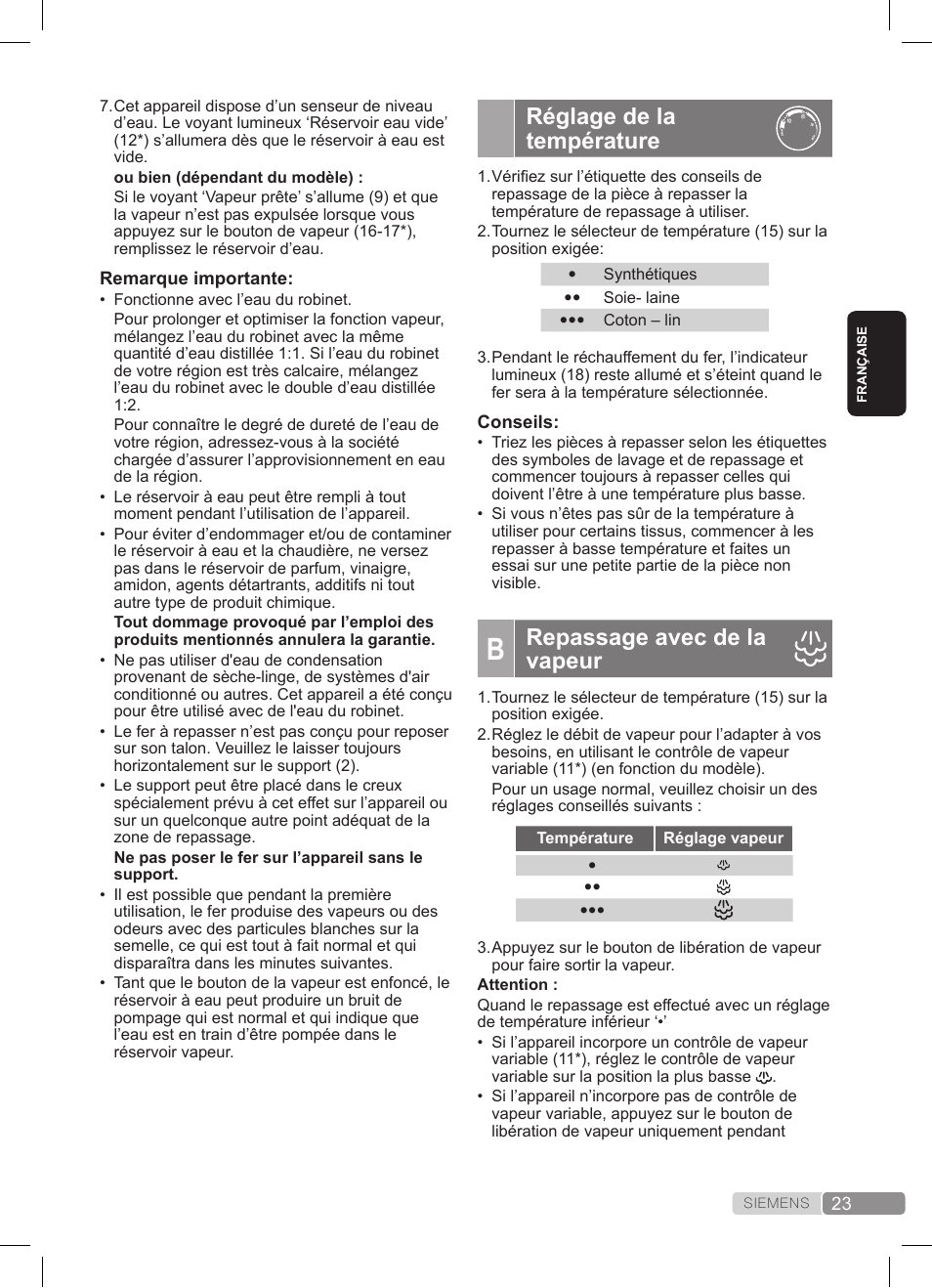 Réglage de la température, Repassage avec de la vapeur | Siemens TS20XTRM2 User Manual | Page 23 / 152