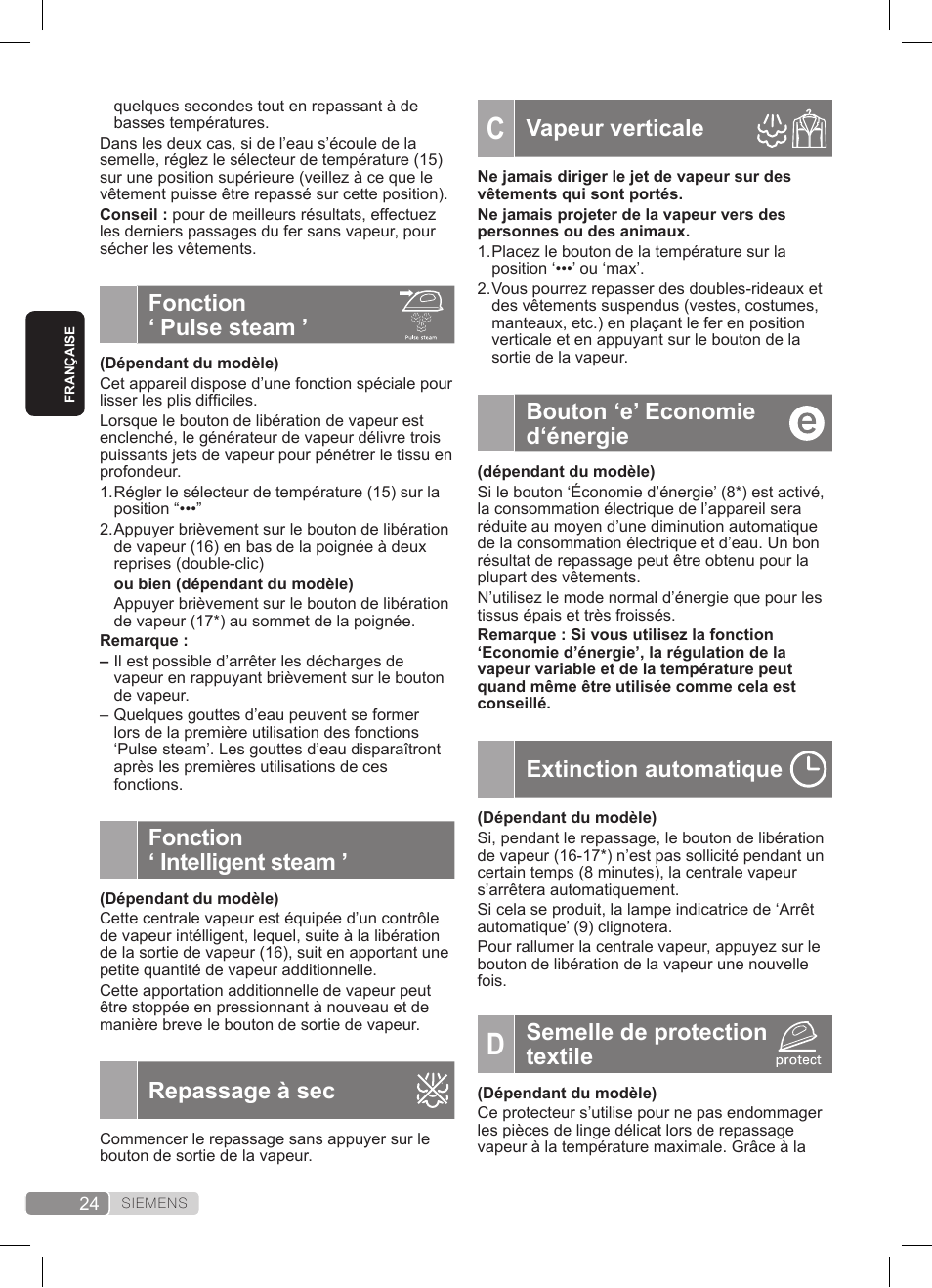 Vapeur verticale, Bouton ‘e’ economie d‘énergie, Extinction automatique | Semelle de protection textile, Fonction ‘ pulse steam, Fonction ‘ intelligent steam, Repassage à sec | Siemens TS20XTRM2 User Manual | Page 24 / 152