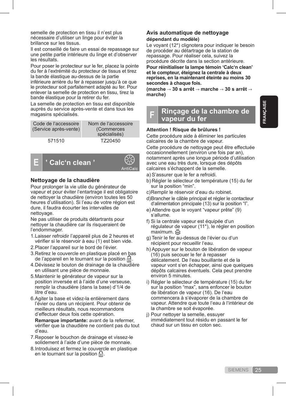 Rinçage de la chambre de vapeur du fer, Calc‘n clean | Siemens TS20XTRM2 User Manual | Page 25 / 152