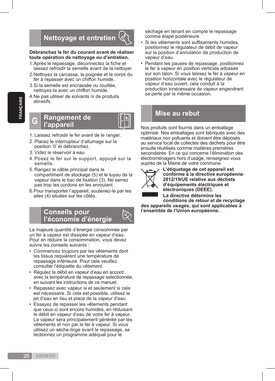 Mise au rebut, Nettoyage et entretien, Rangement de l’appareil | Conseils pour l’économie d’énergie | Siemens TS20XTRM2 User Manual | Page 26 / 152