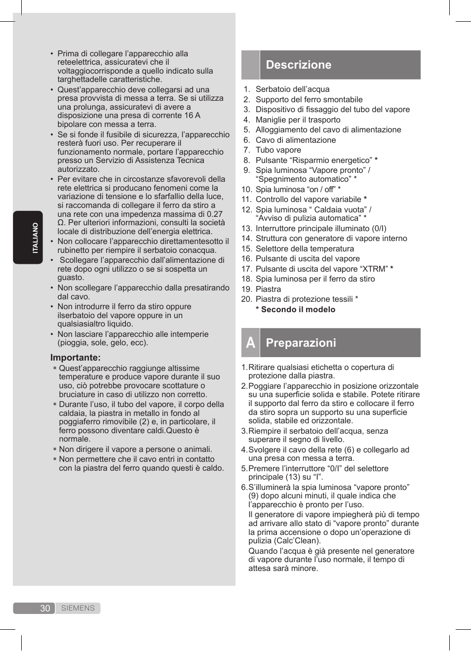 Descrizione, Preparazioni | Siemens TS20XTRM2 User Manual | Page 30 / 152