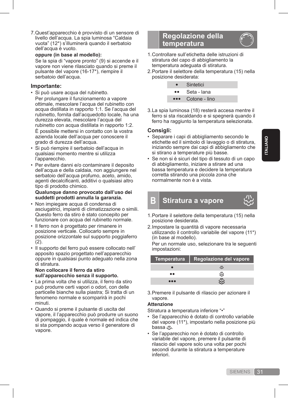 Regolazione della temperatura, Stiratura a vapore | Siemens TS20XTRM2 User Manual | Page 31 / 152