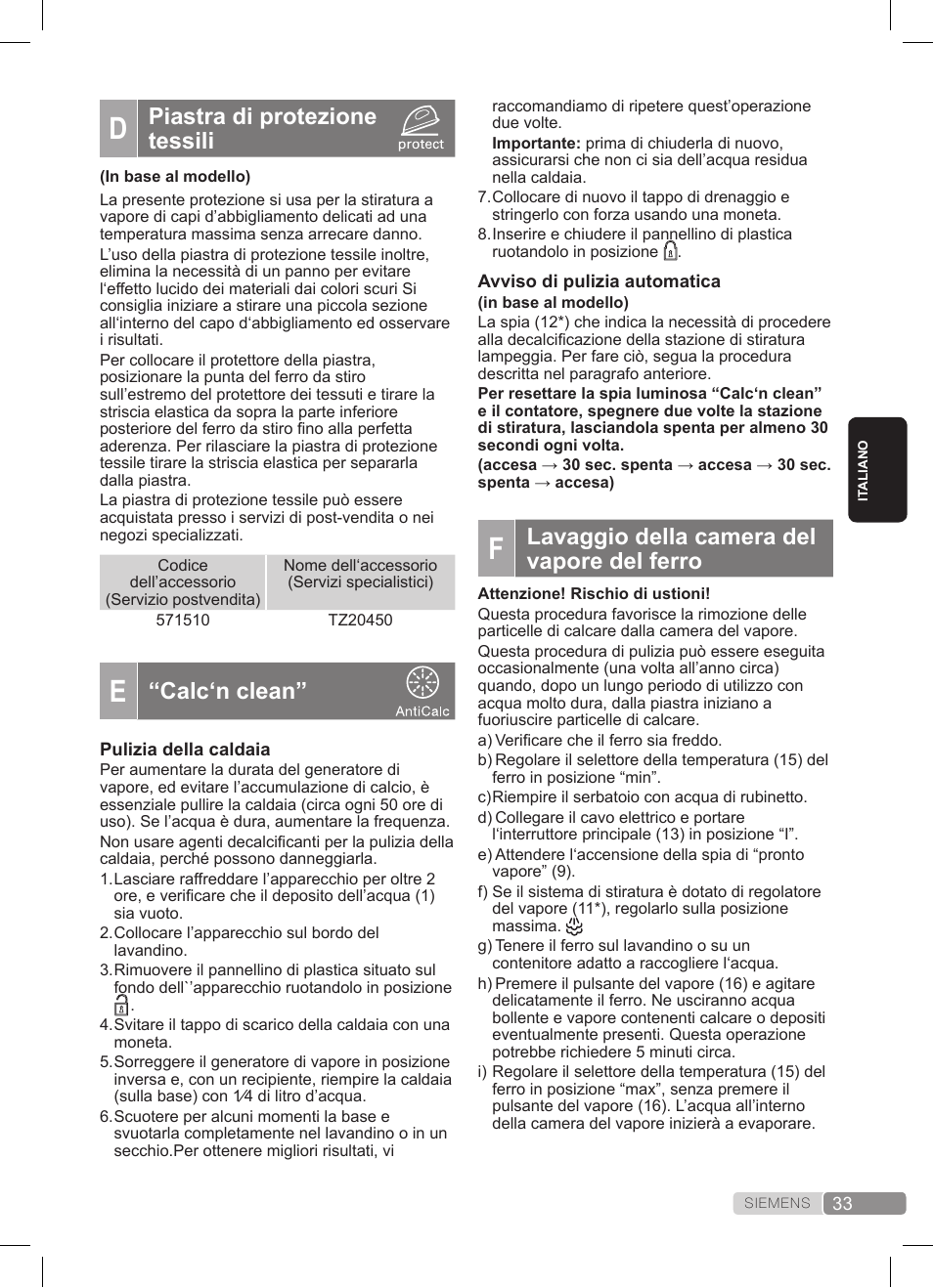 Lavaggio della camera del vapore del ferro, Piastra di protezione tessili, Calc‘n clean | Siemens TS20XTRM2 User Manual | Page 33 / 152