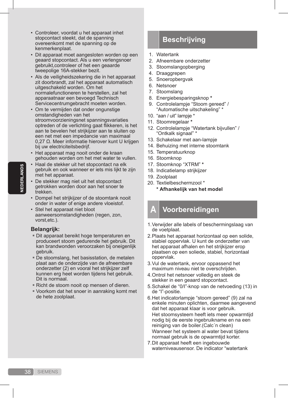 Beschrijving, Voorbereidingen | Siemens TS20XTRM2 User Manual | Page 38 / 152