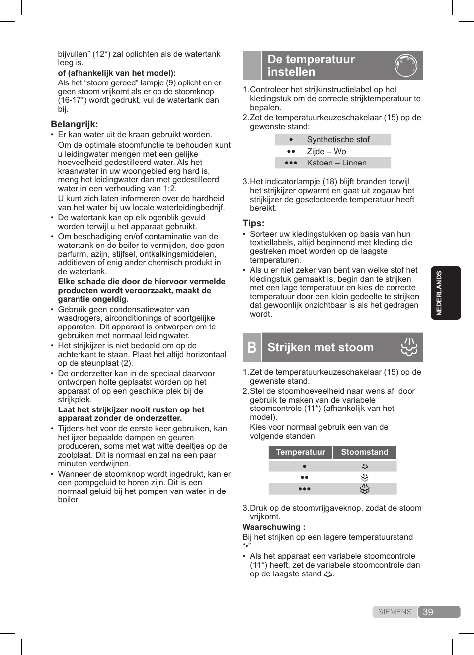 De temperatuur instellen, Strijken met stoom | Siemens TS20XTRM2 User Manual | Page 39 / 152