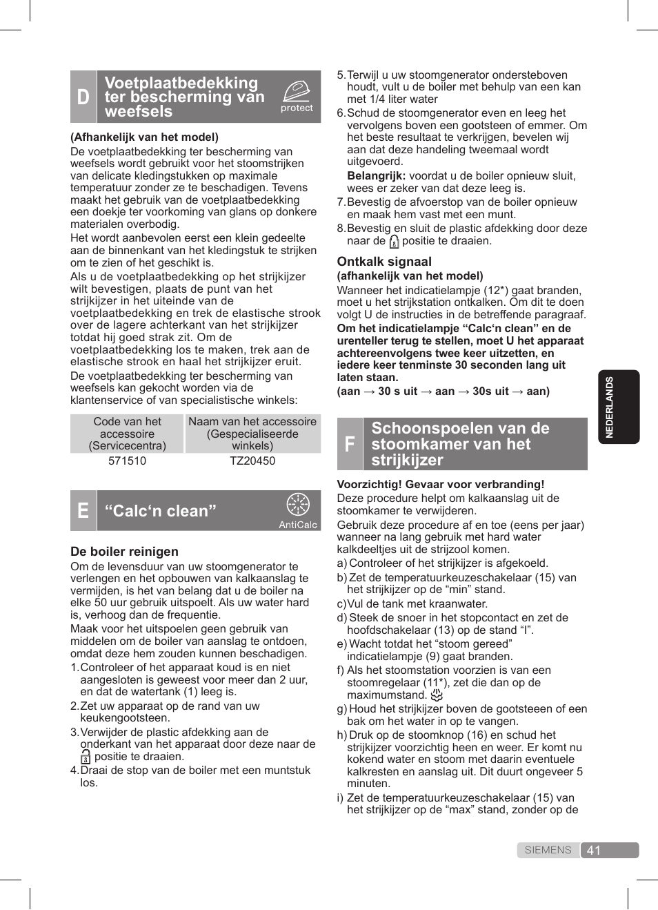 Voetplaatbedekking ter bescherming van weefsels, Calc‘n clean | Siemens TS20XTRM2 User Manual | Page 41 / 152