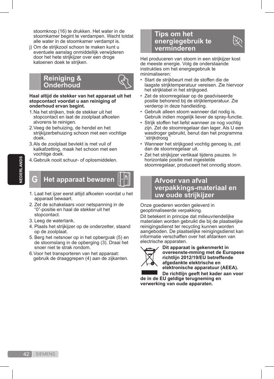 Tips om het energiegebruik te verminderen, Reiniging & onderhoud, Het apparaat bewaren | Siemens TS20XTRM2 User Manual | Page 42 / 152