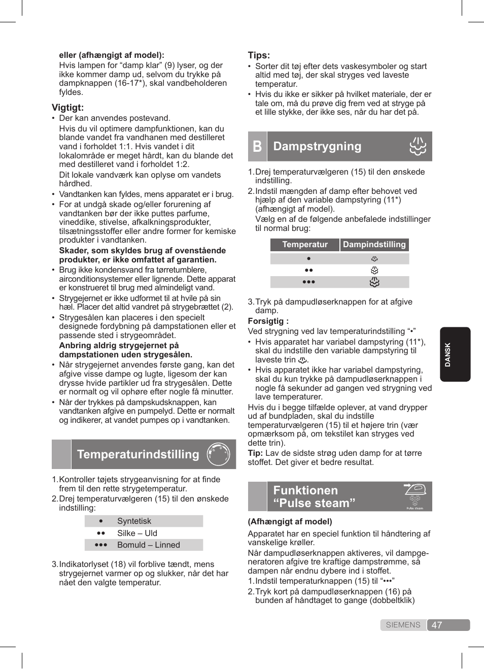 Temperaturindstilling, Dampstrygning, Funktionen “pulse steam | Siemens TS20XTRM2 User Manual | Page 47 / 152