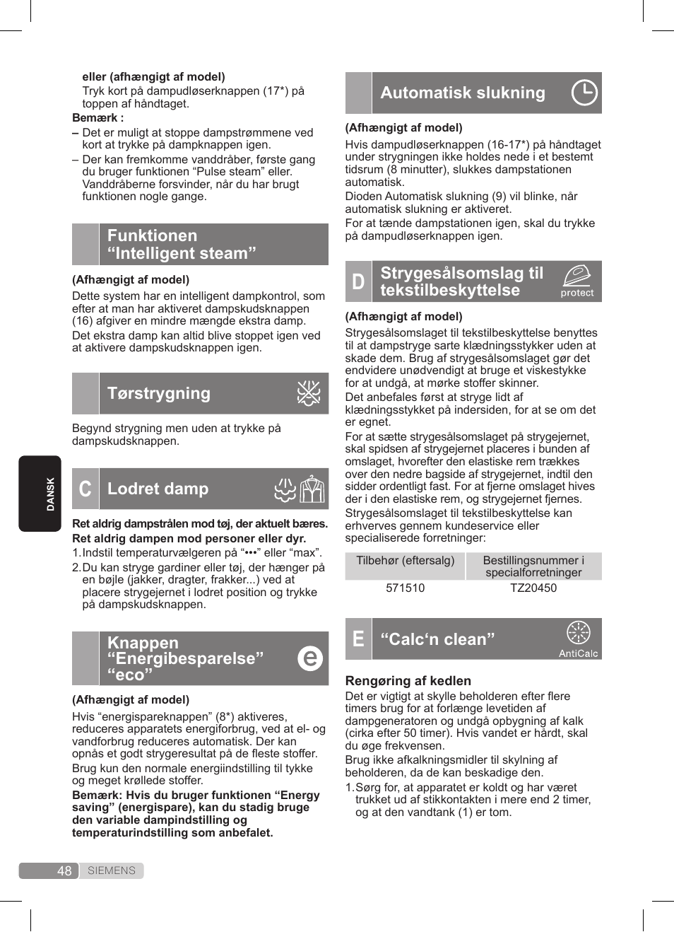 Funktionen “intelligent steam, Tørstrygning, Lodret damp | Knappen “energibesparelse” “eco, Automatisk slukning, Strygesålsomslag til tekstilbeskyttelse, Calc‘n clean | Siemens TS20XTRM2 User Manual | Page 48 / 152