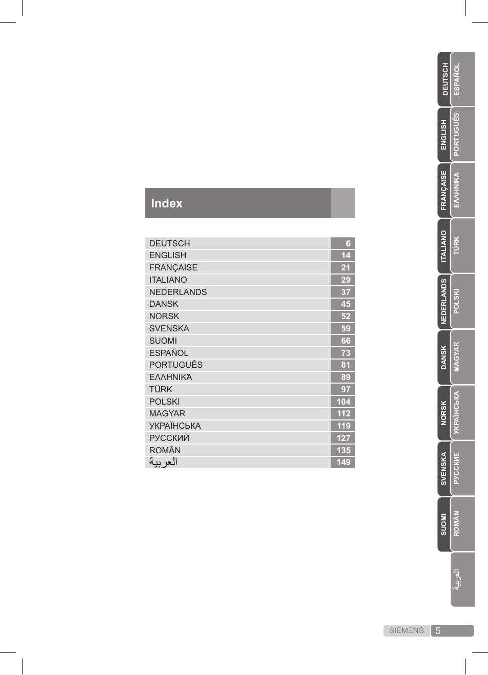 Index | Siemens TS20XTRM2 User Manual | Page 5 / 152