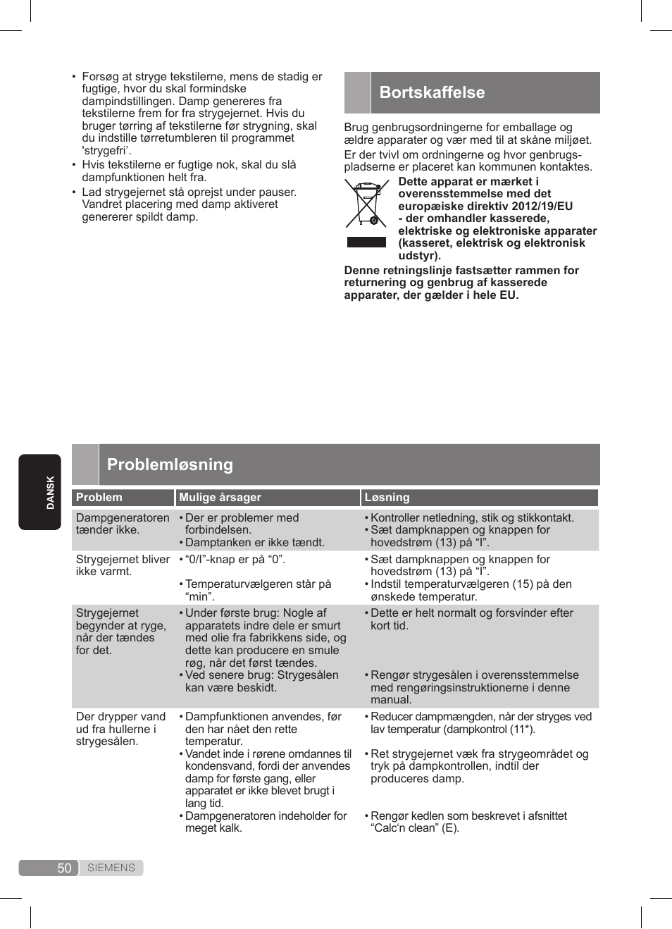 Bortskaffelse, Problemløsning | Siemens TS20XTRM2 User Manual | Page 50 / 152