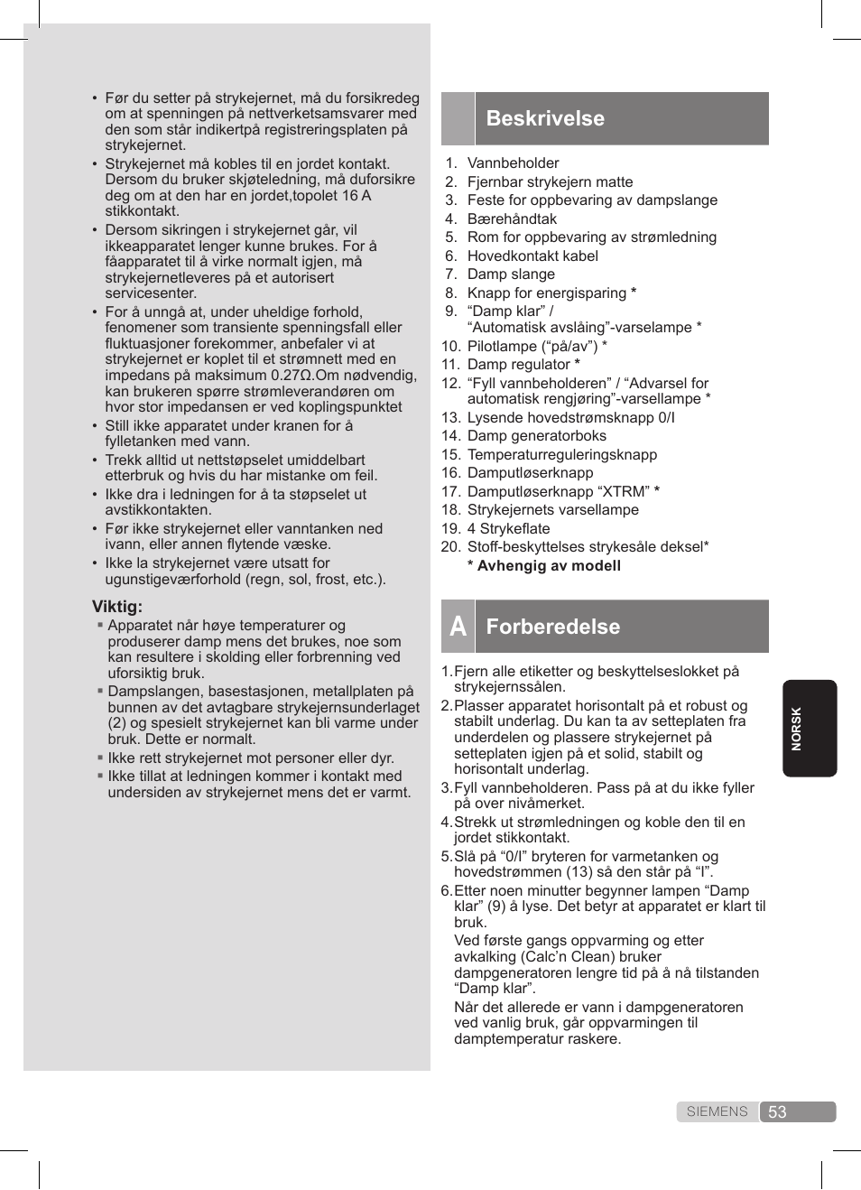 Beskrivelse, Forberedelse | Siemens TS20XTRM2 User Manual | Page 53 / 152