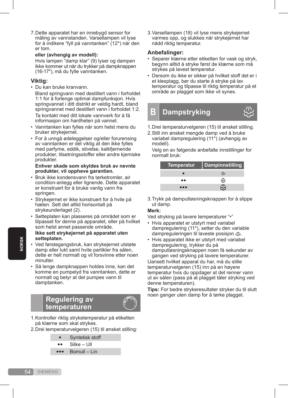 Dampstryking, Regulering av temperaturen | Siemens TS20XTRM2 User Manual | Page 54 / 152