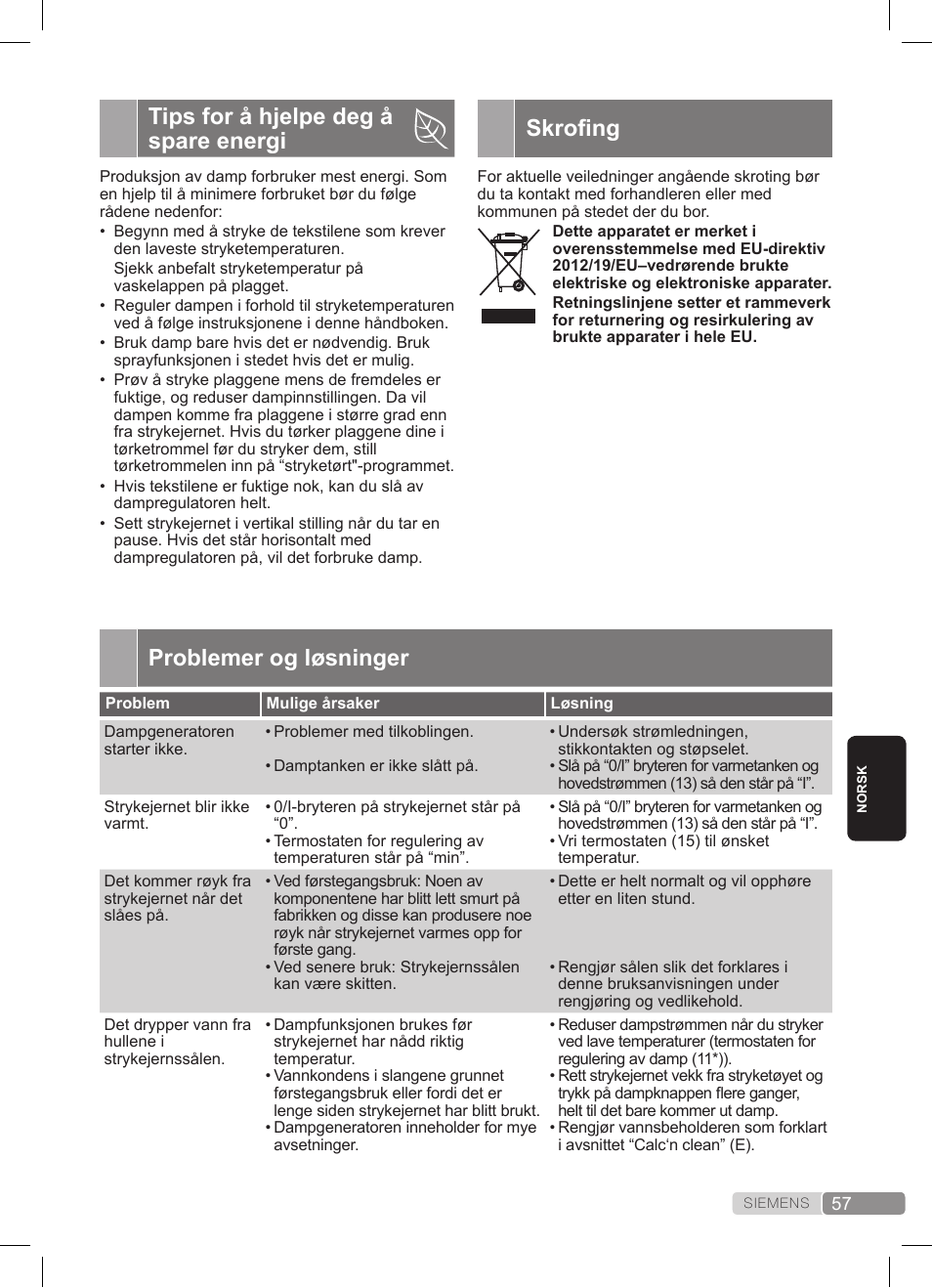 Skrofing, Tips for å hjelpe deg å spare energi, Problemer og løsninger | Siemens TS20XTRM2 User Manual | Page 57 / 152