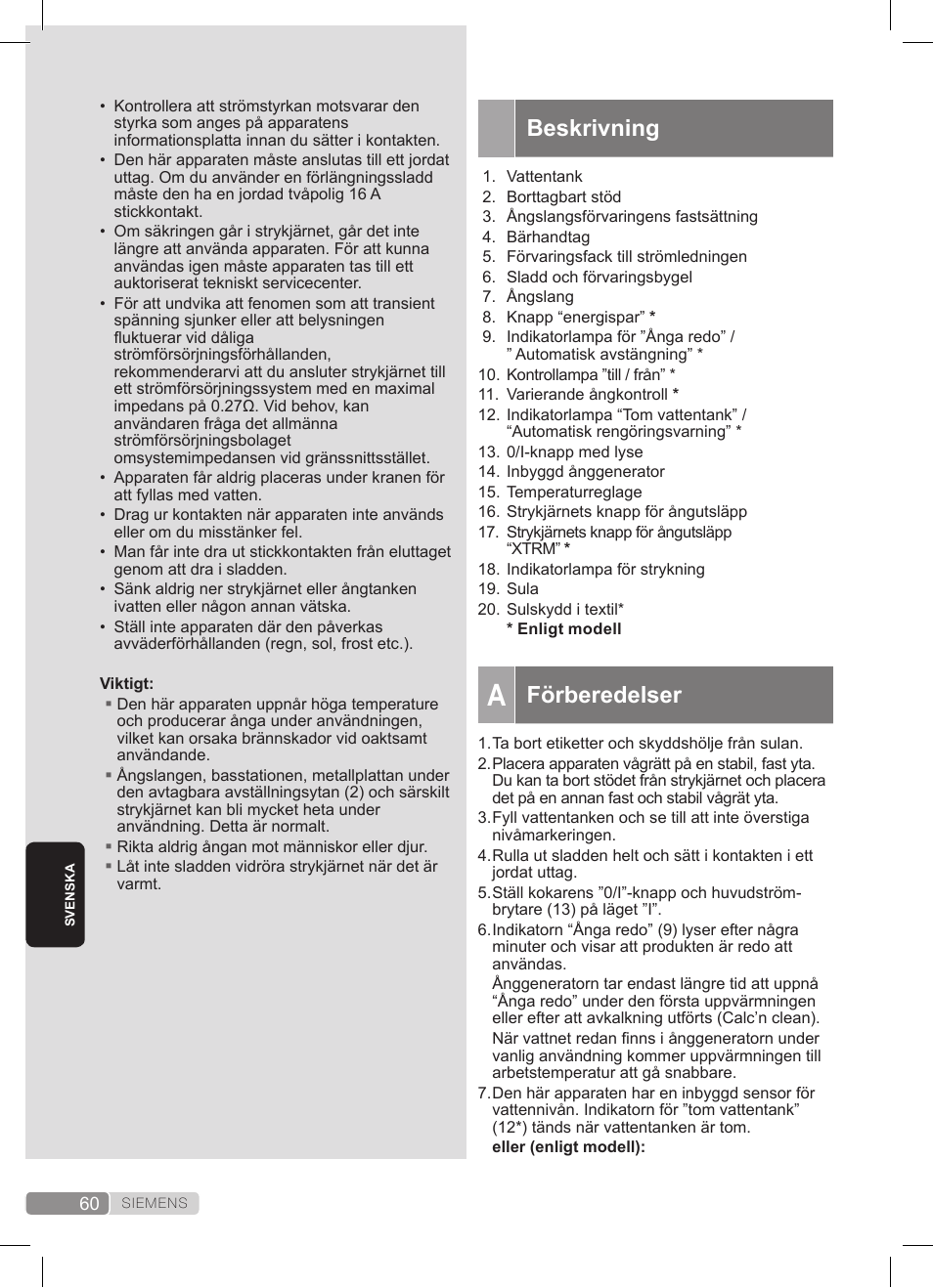 Beskrivning, Förberedelser | Siemens TS20XTRM2 User Manual | Page 60 / 152