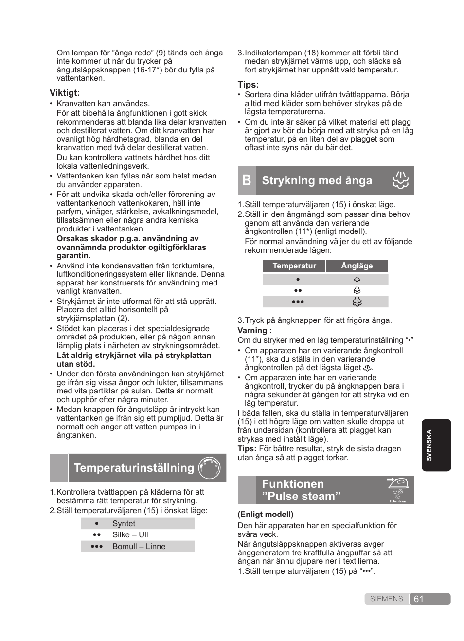 Strykning med ånga, Funktionen ”pulse steam, Temperaturinställning | Siemens TS20XTRM2 User Manual | Page 61 / 152