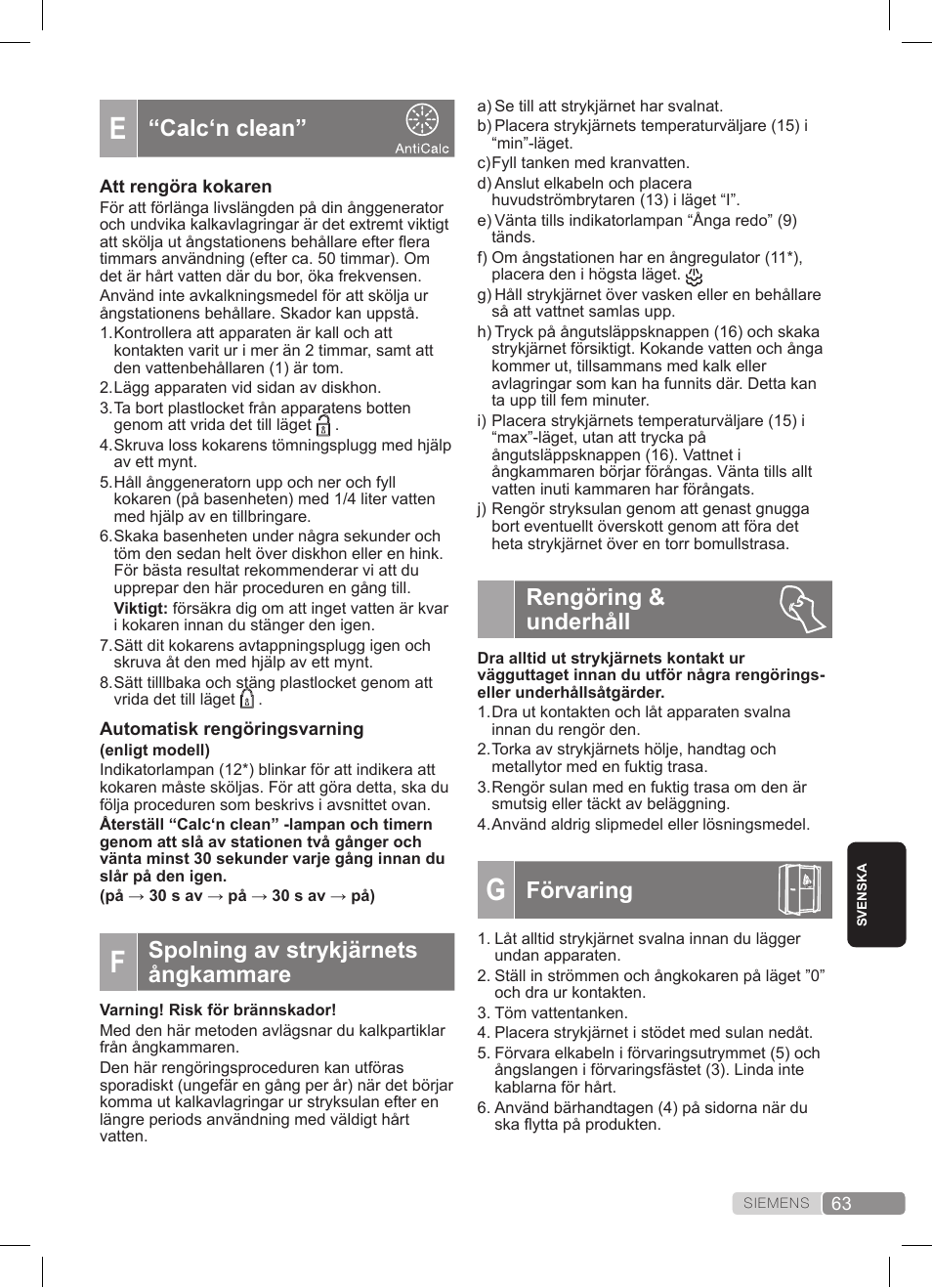 Rengöring & underhåll, Förvaring, Calc‘n clean | Spolning av strykjärnets ångkammare | Siemens TS20XTRM2 User Manual | Page 63 / 152