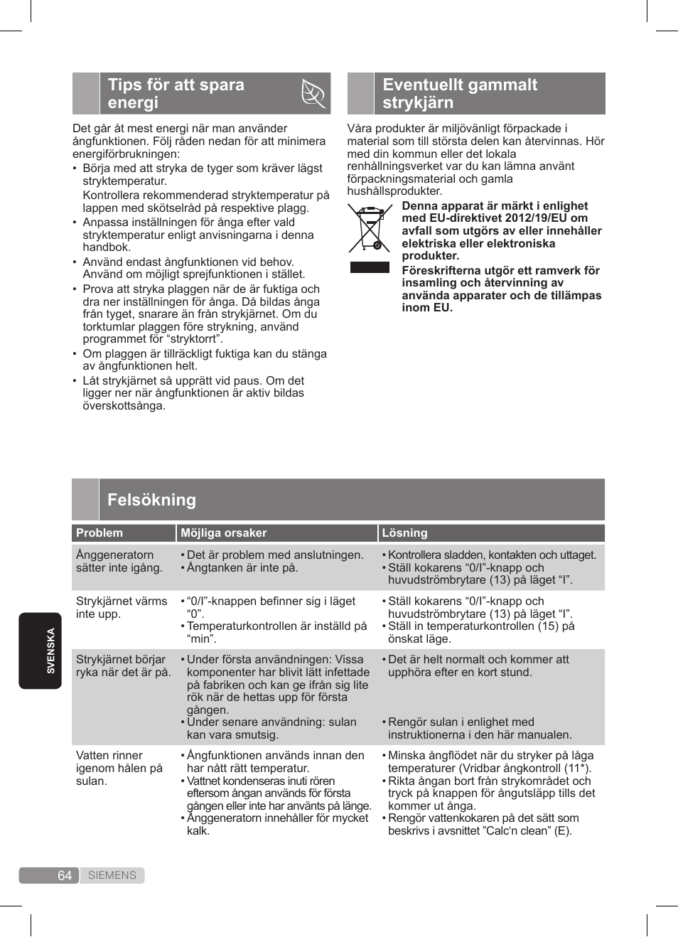 Eventuellt gammalt strykjärn, Tips för att spara energi, Felsökning | Siemens TS20XTRM2 User Manual | Page 64 / 152