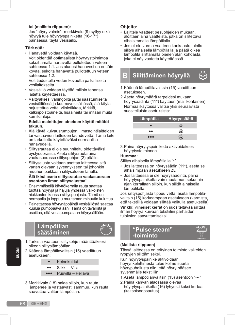 Lämpötilan säätäminen, Silittäminen höyryllä, Pulse steam” -toiminto | Siemens TS20XTRM2 User Manual | Page 68 / 152