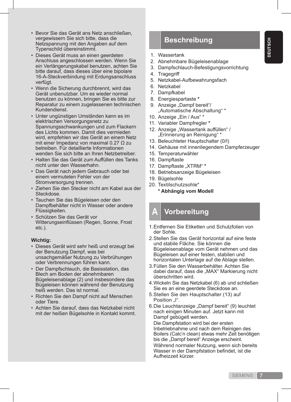 Beschreibung, Vorbereitung | Siemens TS20XTRM2 User Manual | Page 7 / 152
