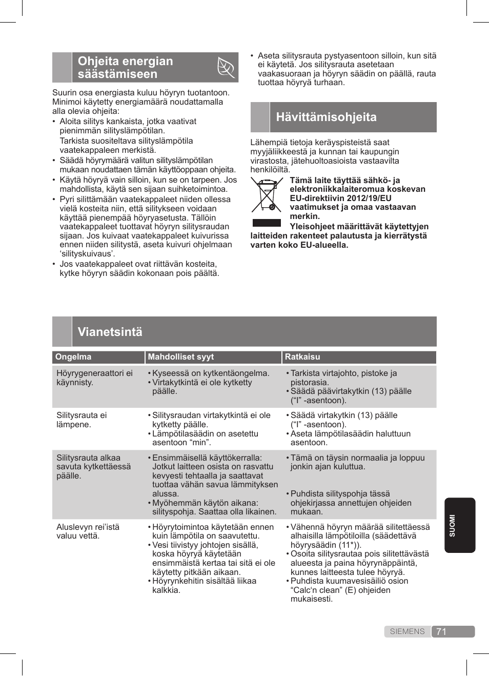Ohjeita energian säästämiseen, Hävittämisohjeita, Vianetsintä | Siemens TS20XTRM2 User Manual | Page 71 / 152