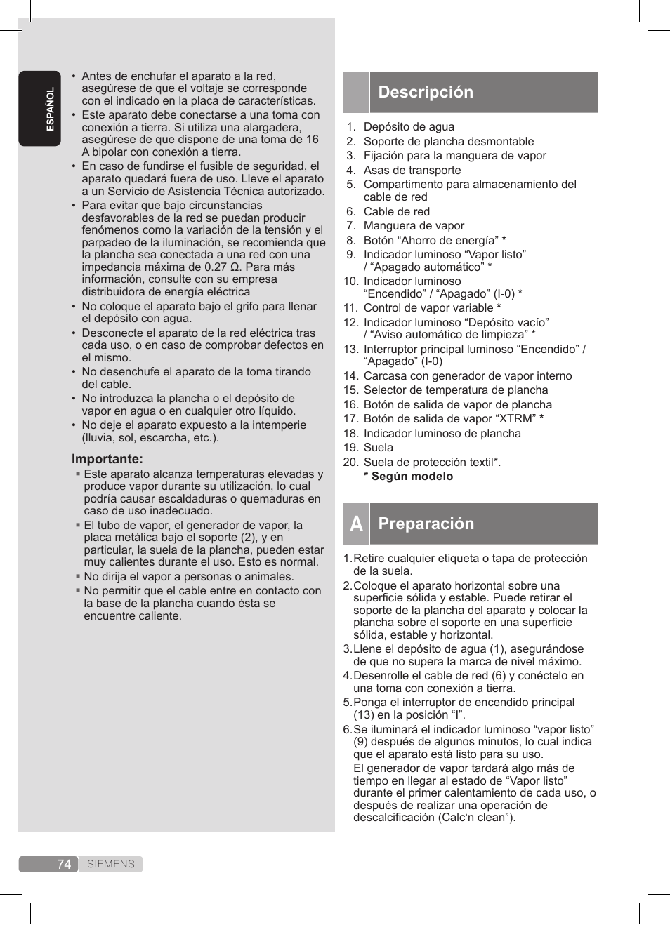 Descripción, Preparación | Siemens TS20XTRM2 User Manual | Page 74 / 152