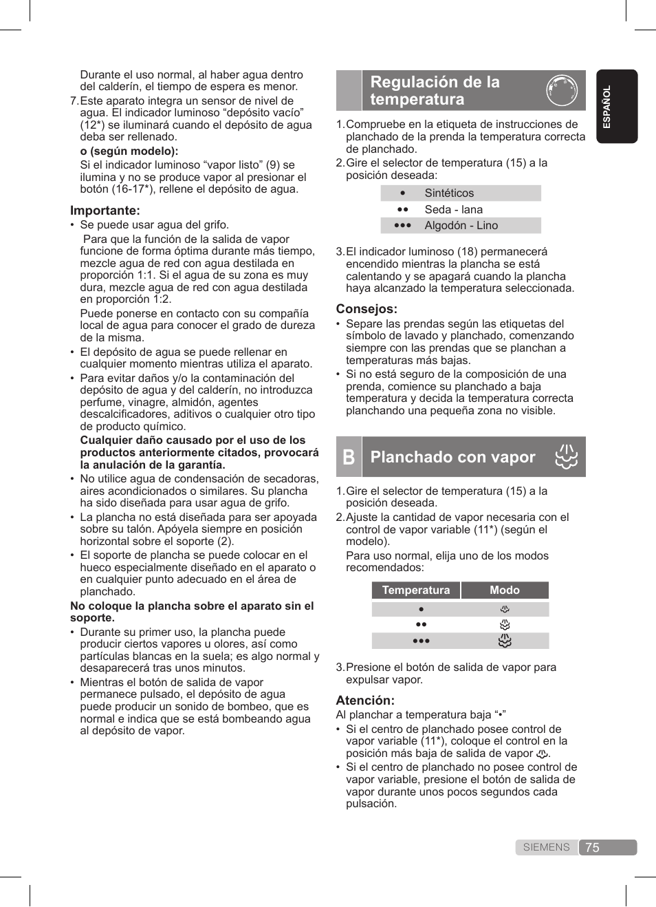 Regulación de la temperatura, Planchado con vapor | Siemens TS20XTRM2 User Manual | Page 75 / 152