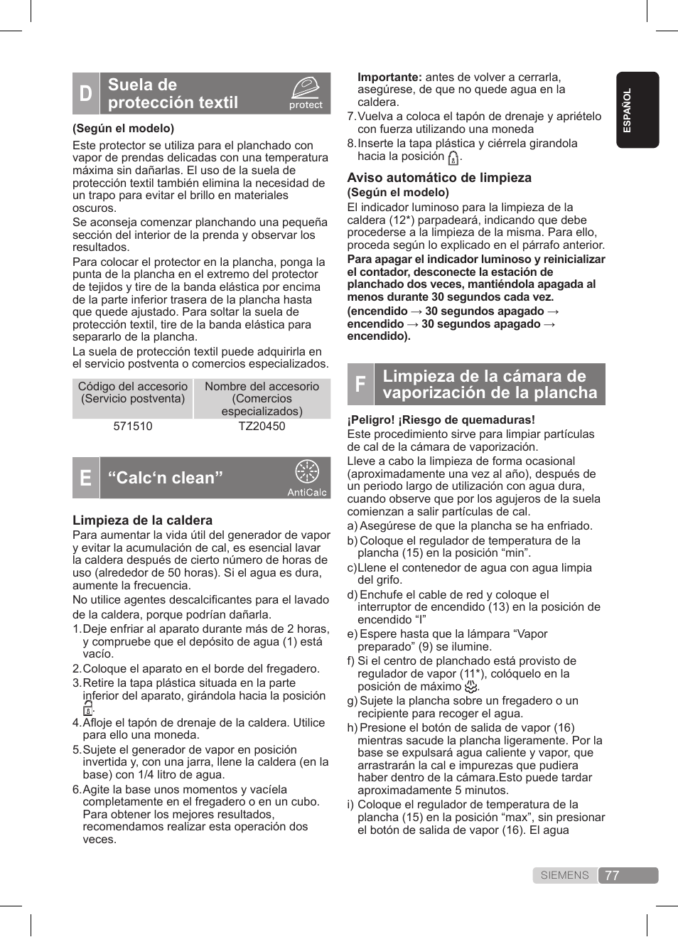 Suela de protección textil, Calc‘n clean | Siemens TS20XTRM2 User Manual | Page 77 / 152
