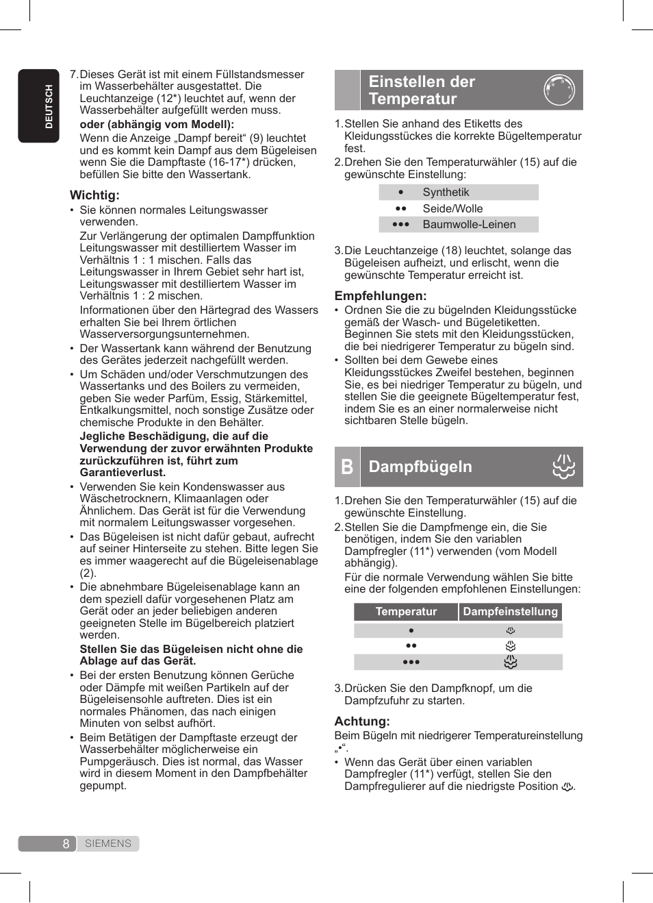 Einstellen der temperatur, Dampfbügeln | Siemens TS20XTRM2 User Manual | Page 8 / 152