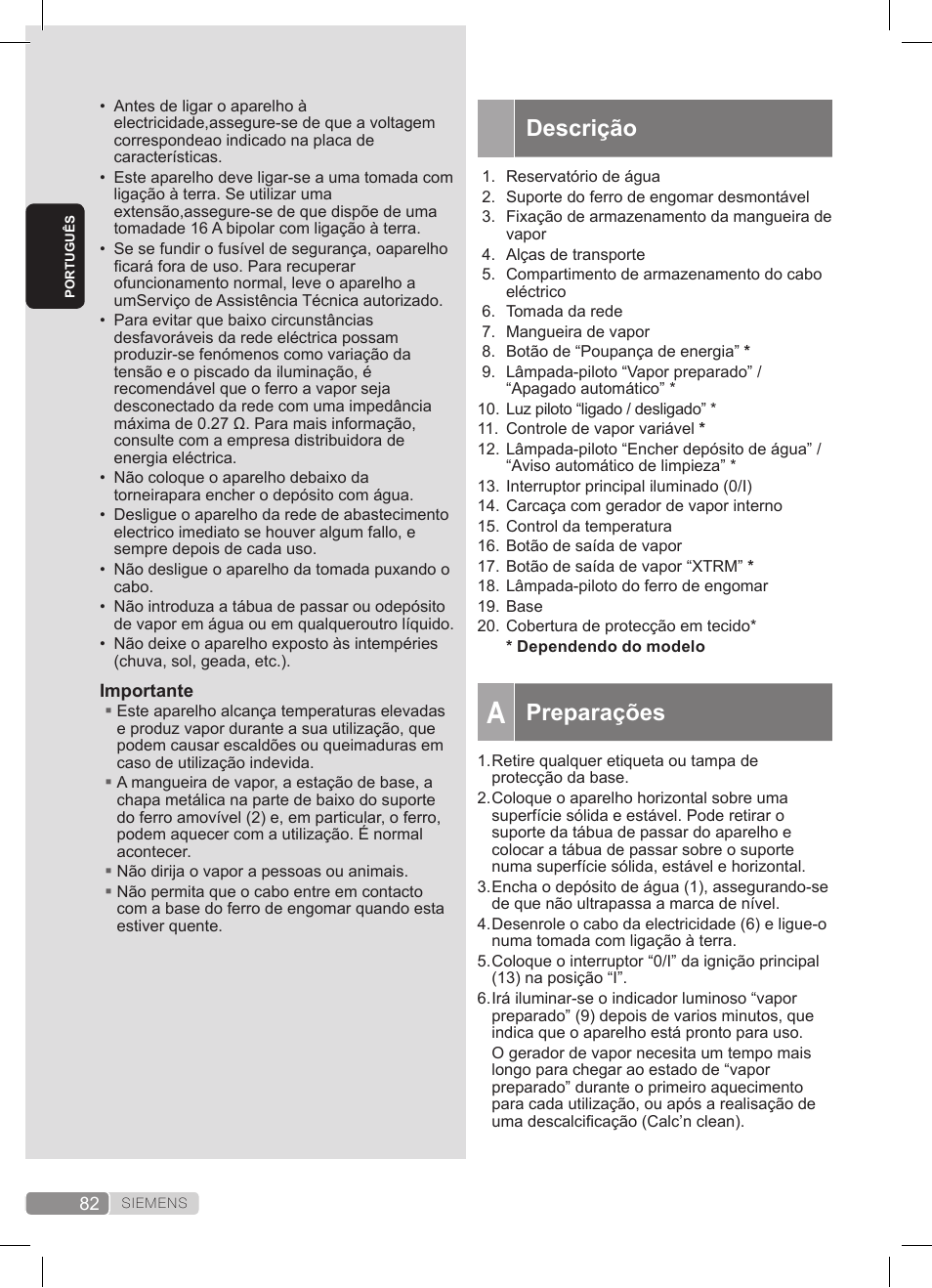 Descrição, Preparações | Siemens TS20XTRM2 User Manual | Page 82 / 152