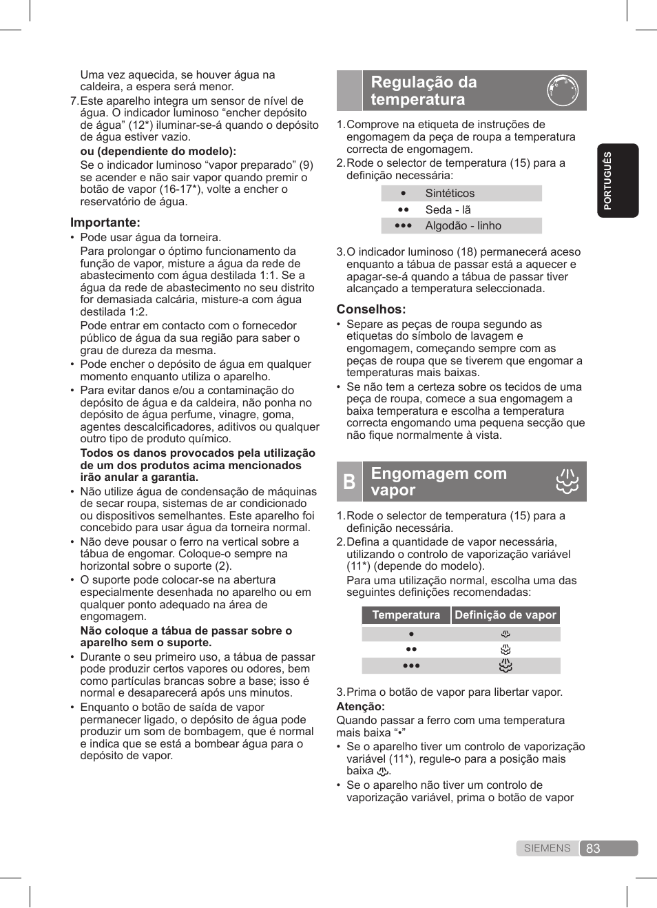 Regulação da temperatura, Engomagem com vapor | Siemens TS20XTRM2 User Manual | Page 83 / 152