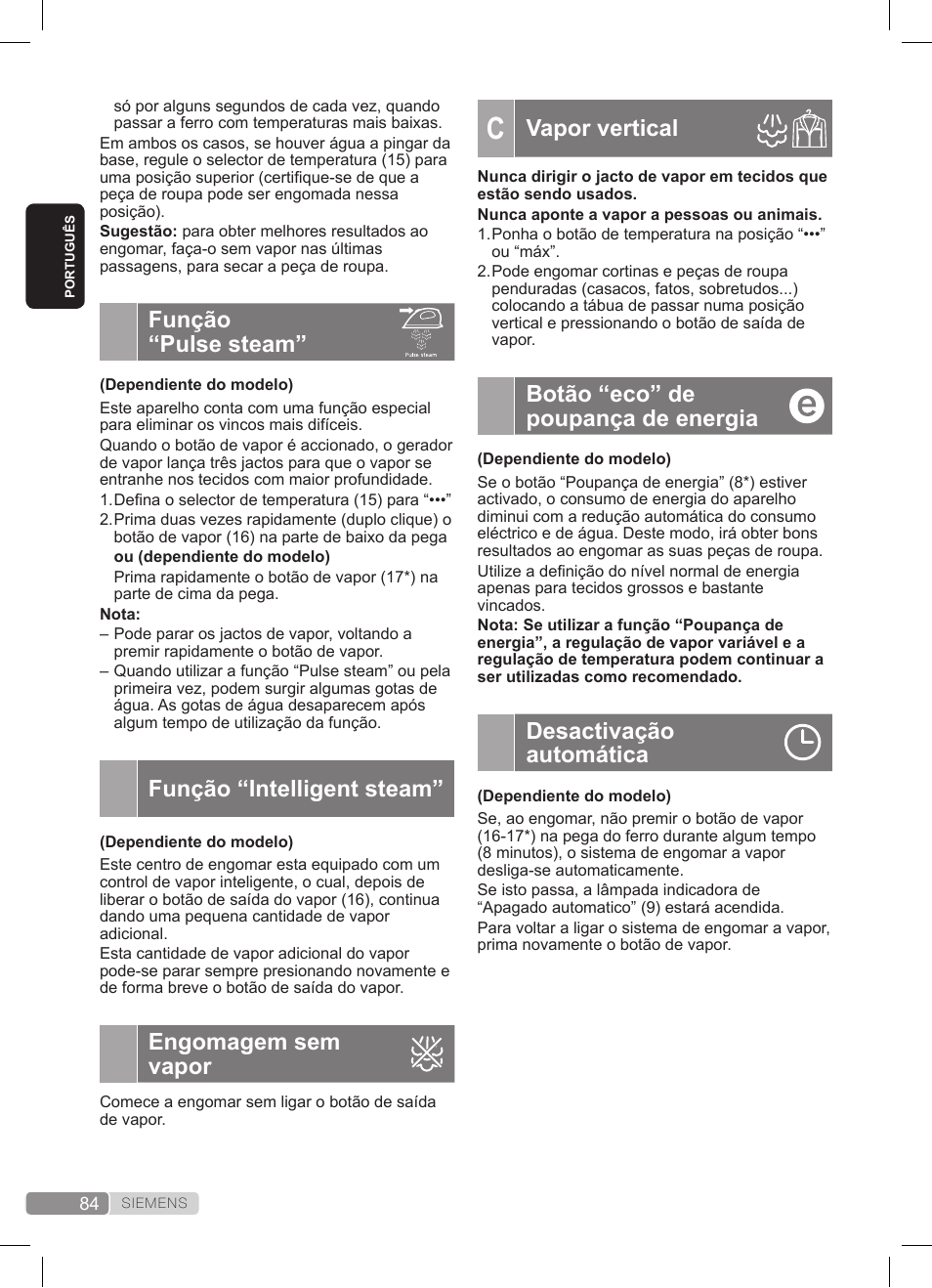 Função “pulse steam, Função “intelligent steam, Engomagem sem vapor | Vapor vertical, Botão “eco” de poupança de energia, Desactivação automática | Siemens TS20XTRM2 User Manual | Page 84 / 152