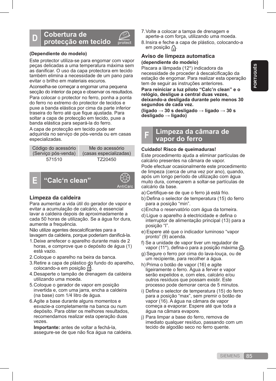 Cobertura de protecção em tecido, Calc‘n clean, Limpeza da câmara de vapor do ferro | Siemens TS20XTRM2 User Manual | Page 85 / 152
