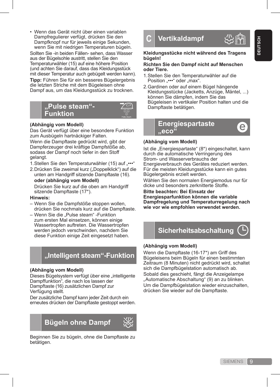 Vertikaldampf, Energiespartaste „eco, Sicherheitsabschaltung | Pulse steam“- funktion, Intelligent steam“-funktion, Bügeln ohne dampf | Siemens TS20XTRM2 User Manual | Page 9 / 152
